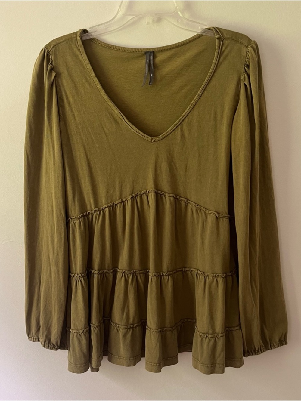 Anthropologie Tiered Tunic Top XS Olive Green Boho Cotton Lagenlook Artsy Indie